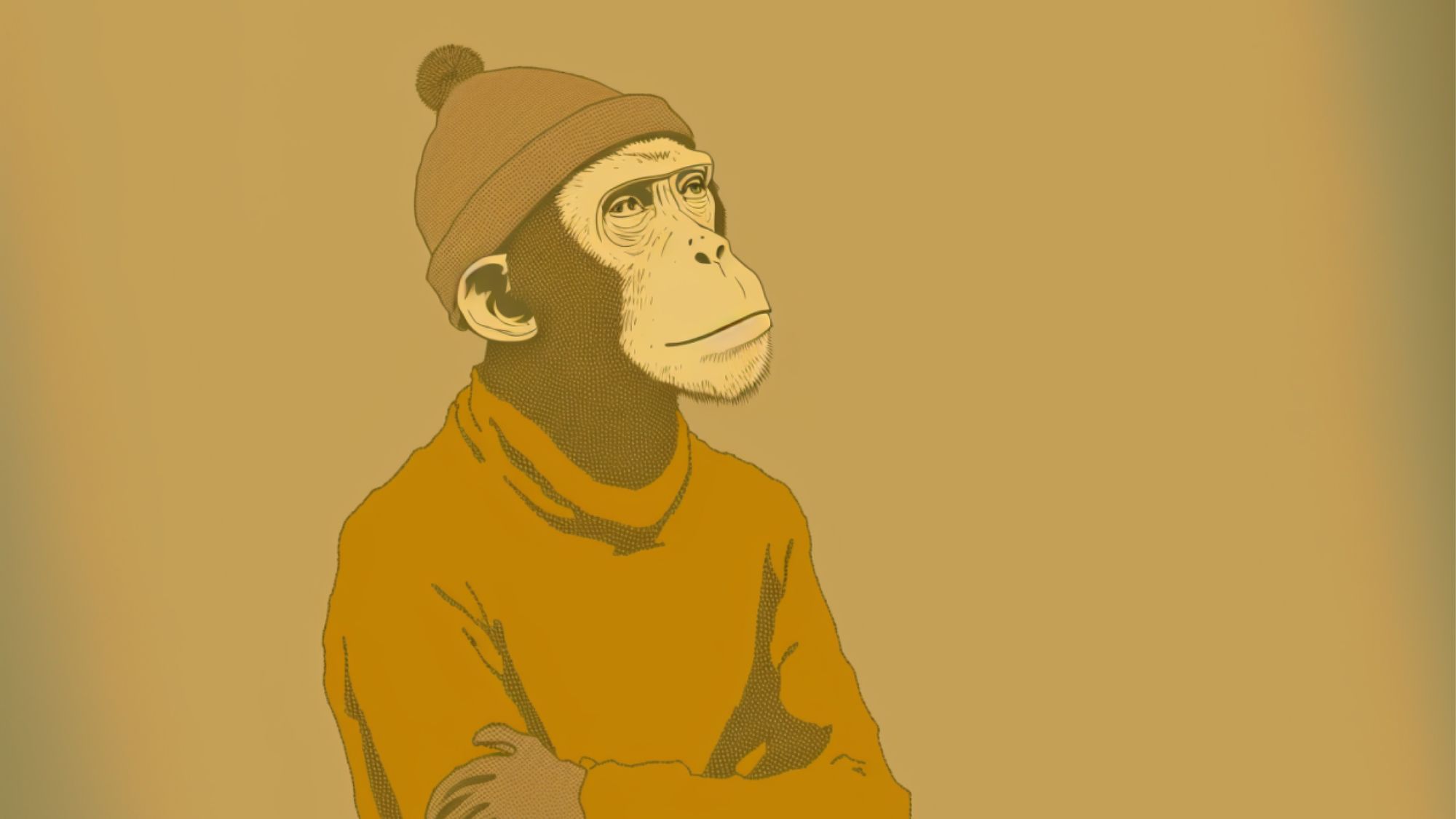 An Image of a monkey in a thinking pose dressed as an artist