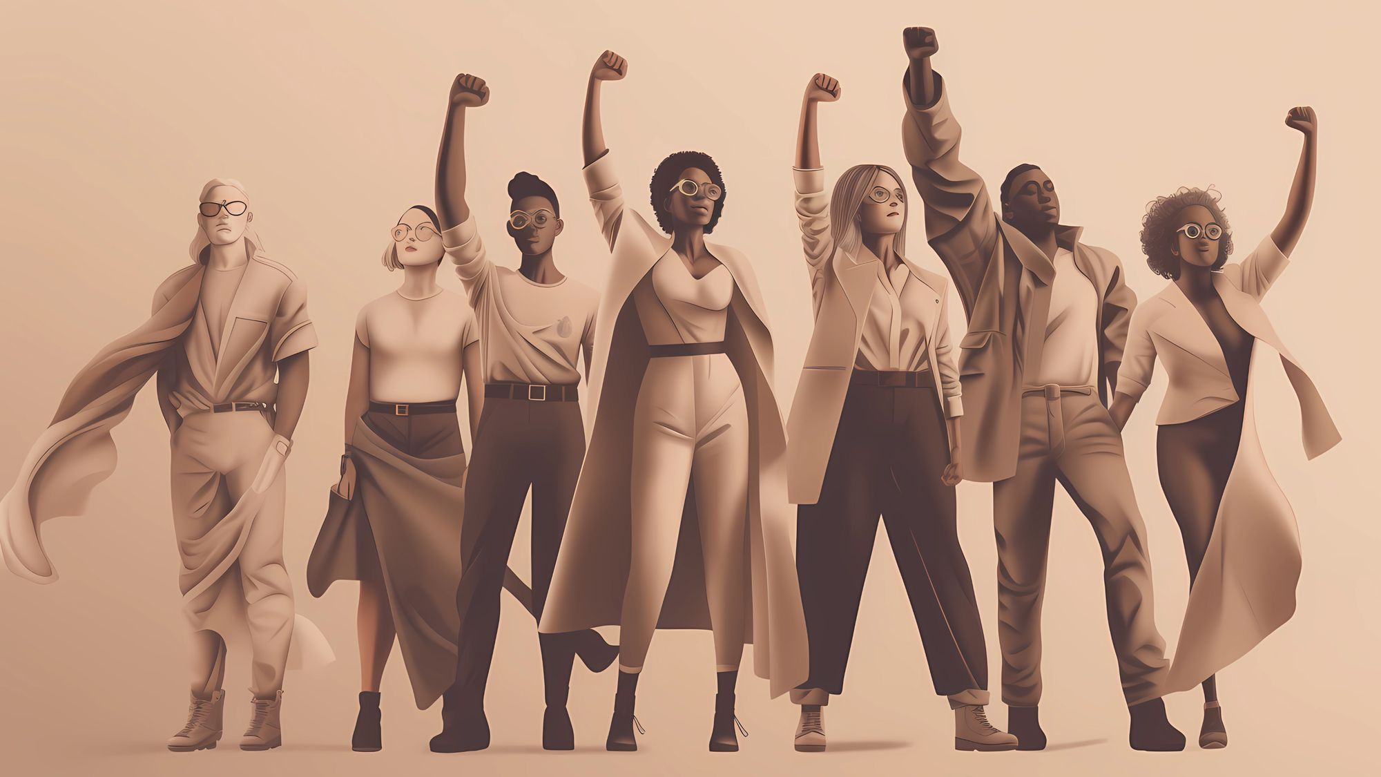 A bunch of diverse designer leaders raising their fists in the air